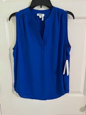 NWT DKNY Atlantic Blue Sleeveless Top Sz M Royal Cobalt Workwear Blouse